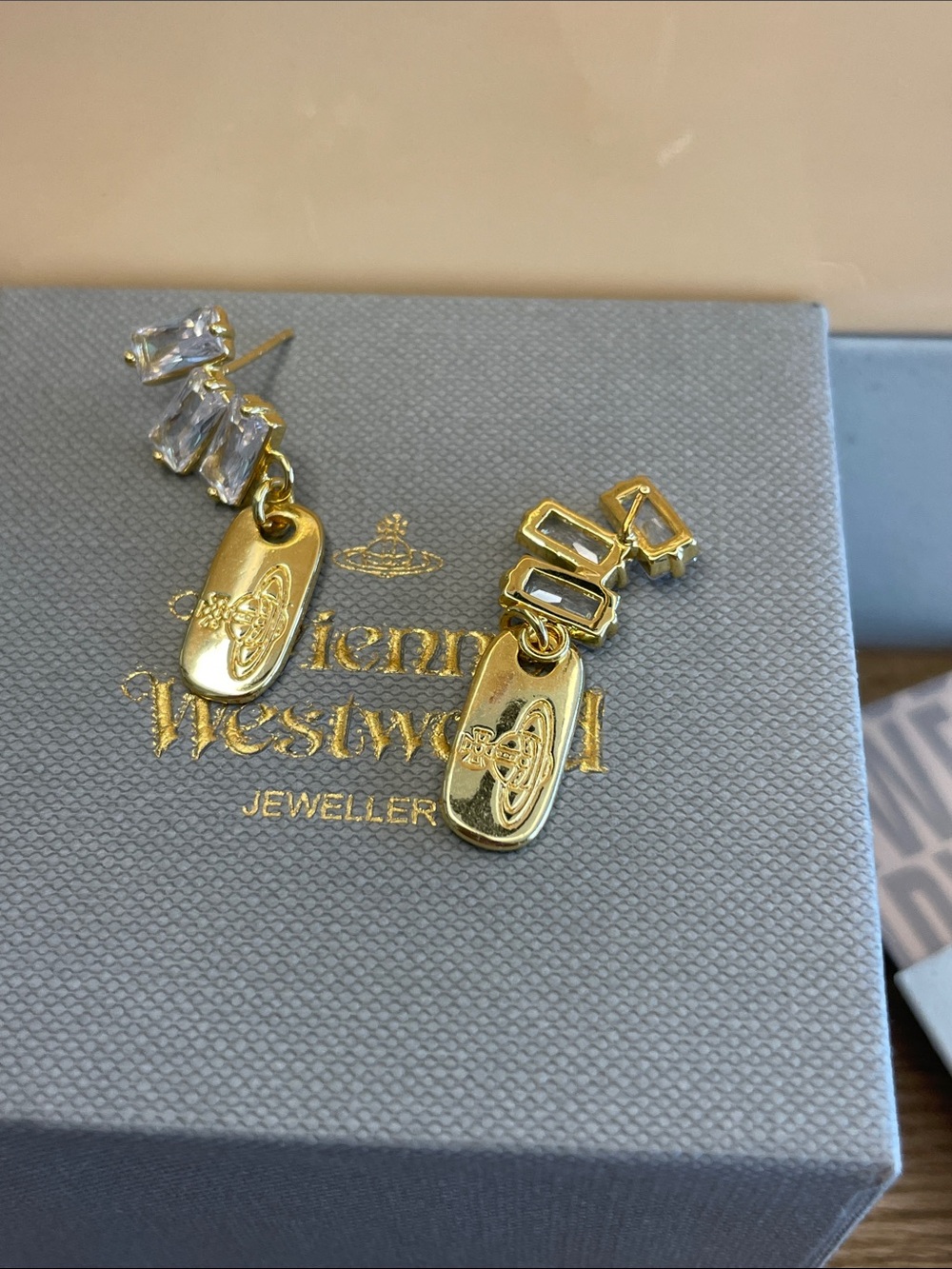 Vivienne Westwood Gold Crystal Drop Earrings Engraved Orb Emblem Y2K - Picture 3 of 6